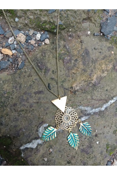 Alphabey's Geometry Pendant with Brass Leaf, Triangle and Net Flowered Pendant Necklace Alphabey's Geometry Pendant with Brass Leaf, Triangle and Net Flowered Pendant Necklace